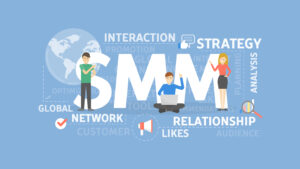 “Illustration representing Social Media Marketing (SMM) with people interacting around the letters SMM, showing concepts like engagement, strategy, global network, audience, likes, analysis, and online relationships.”